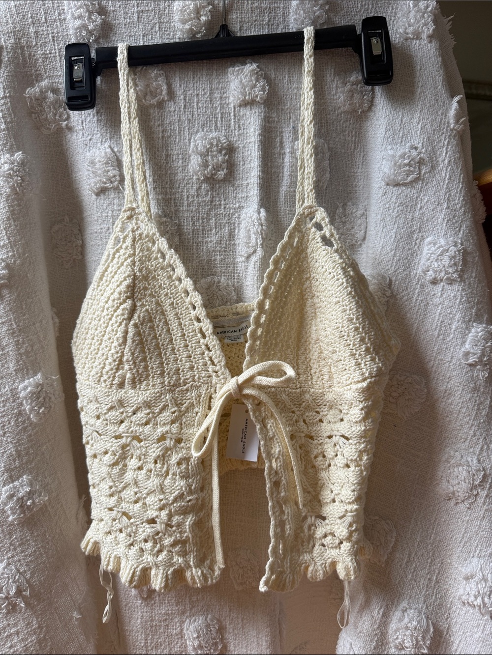 American Eagle Crochet Tie-Front Crop Top in Cream